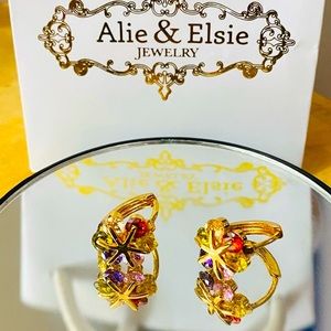 Vintage Gold Tone Earrings with Multi Colour Stone